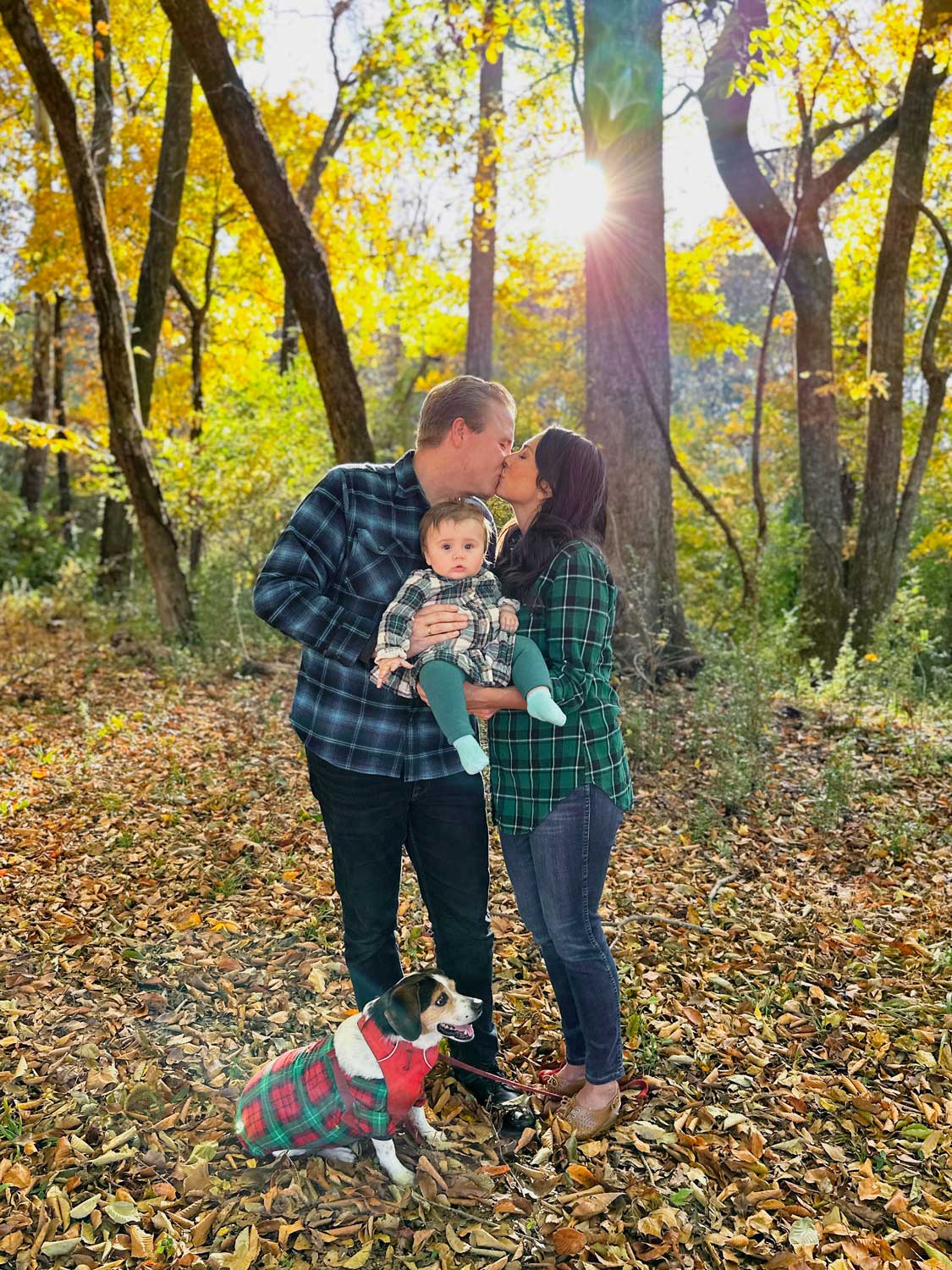 Family portrait taken with phone during the fall