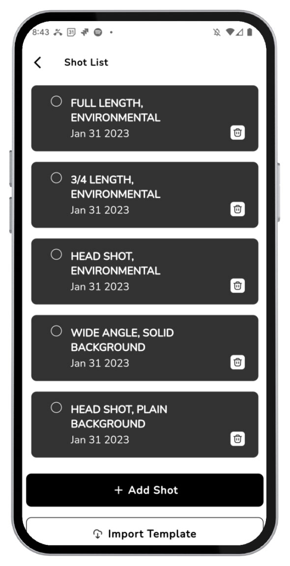 Shot list for photo session